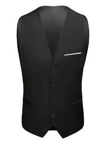 3-Piece Solid Color Men's Suit Set, Regular Fit, With Pockets And Buttons, Suitable For Going Out On Dates, Anniversary Photoshoots, Formal Occasions, Dinners, And Daily Wear, (Applicable For) Valentine's Day - 黑色 - 查看 4