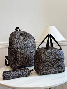 3-In-1 Casual Leopard Print Backpack Set, Includes Backpack, Lunch Bag, Crossbody Bag And Pencil Case, With Laptop Compartment, Multi-Pocket, Large Capacity, Suitable For Daily Use/Vacation/Travel/Back To School, For Women/Girls/Teens/College Students/Graduates