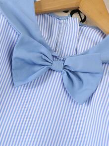 Autumn Girls' Collegiate Style Blue & White Striped Bow Decor Long Sleeve Casual Dress, Comfortable For Everyday Wear