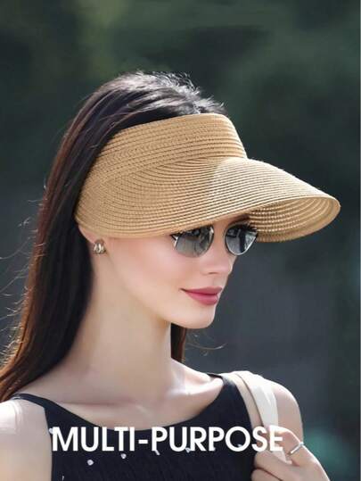 1 pieza Sombrero de paja de ala ancha de moda para mujer, enrollable y plegable para el verano y la playa