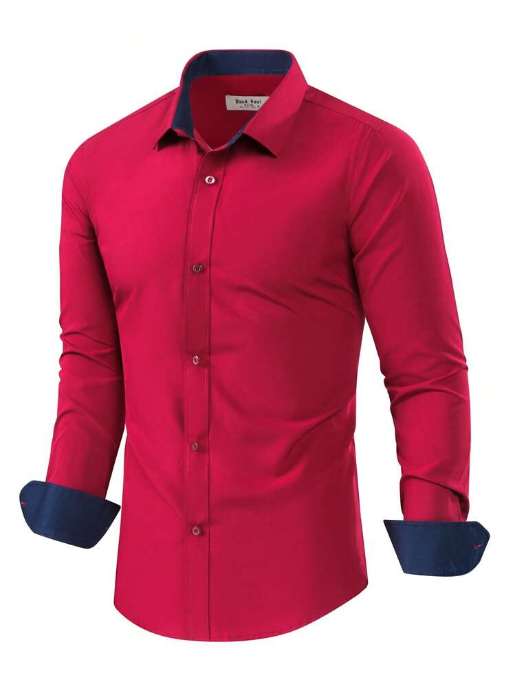 Rand paul Men's Slim Fit Long Sleeve Dress Shirt, Easy To Iron And Wash, Does Not Fade And With Dark Tone Cuffs And Collar - Red - View 1