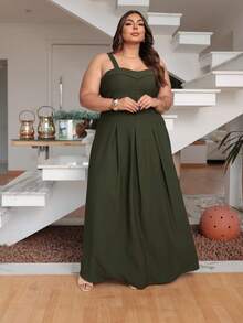 Women's Plus Size Long Dress With Wide Straps, Structured Sweetheart Neckline, Fluid Skirt, Viscolino Fabric - 墨綠色 - 查看 1