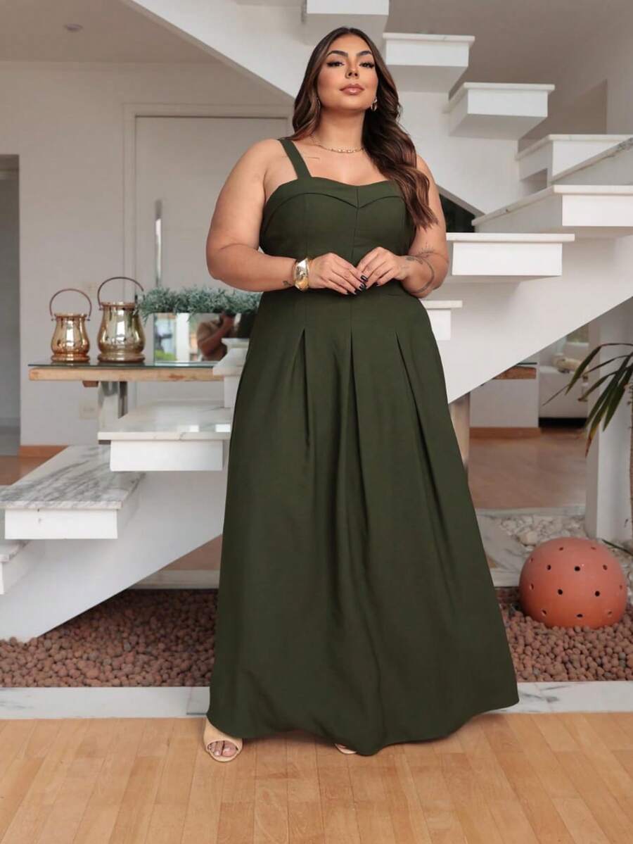 Women's Plus Size Long Dress With Wide Straps, Structured Sweetheart Neckline, Fluid Skirt, Viscolino Fabric - 墨綠色 - 查看 1