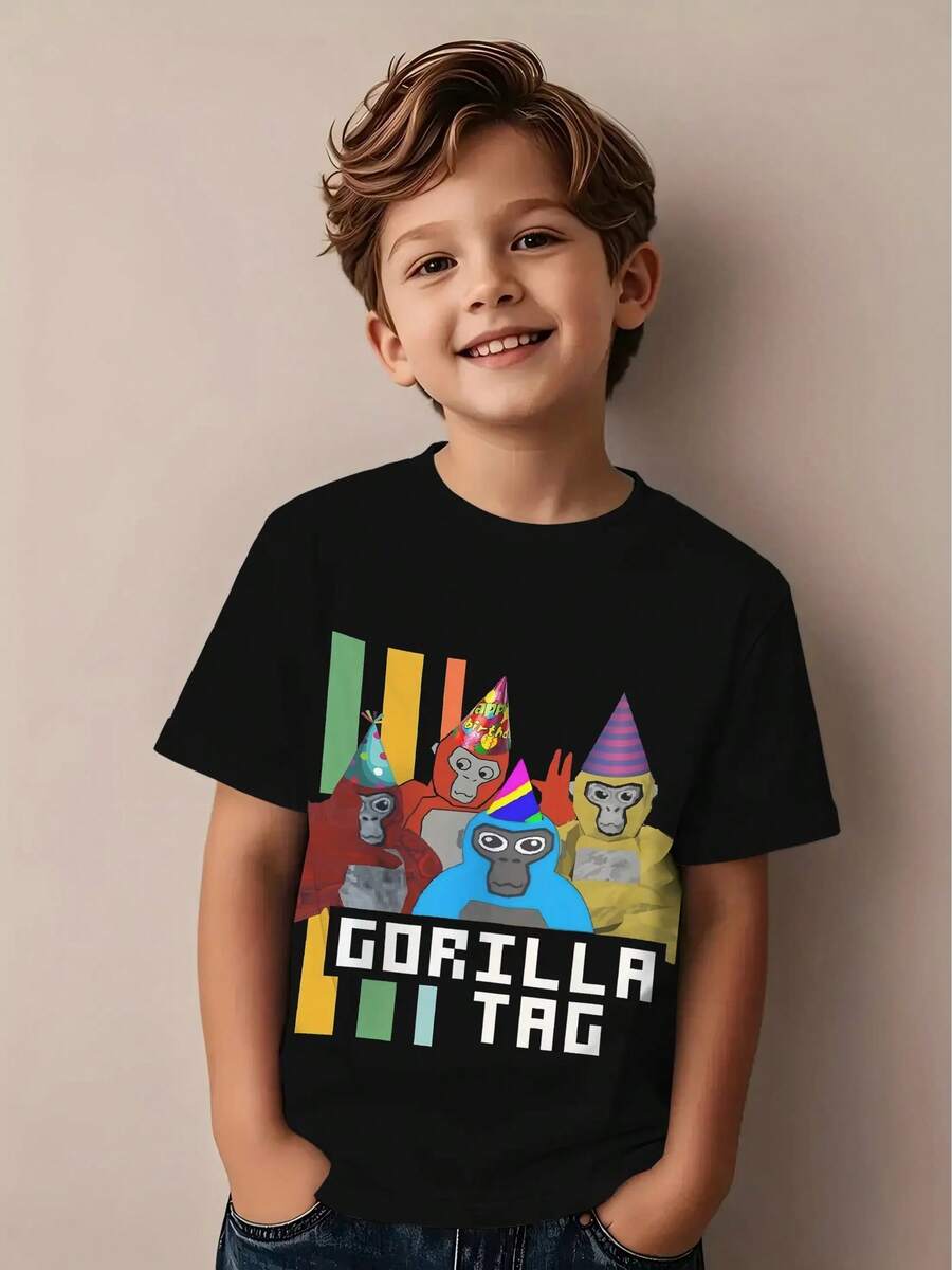 Super Soft T-Shirt With A Gorilla Tag Game Theme - Featuring A Vibrant Party Hat Gorilla And Eye-Catching Text Design, A Lightweight Summer Essential For Home - Perfect Birthday Gift With A Fun And Warm Design - 黑色 - 查看 1