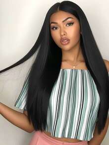 28 英寸女士黑色直发中分合成假发，耐高温丝滑优雅百搭，适合万圣节角色扮演和日常使用，适合所有女性 - 彩色 - 查看 4