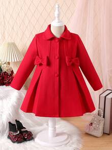 女童优雅复古翻领蝴蝶结大衣，舒适保暖的中长款外套，适合秋冬季穿着 - 紅色 - 查看 1