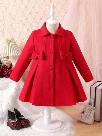 女童优雅复古翻领蝴蝶结大衣，舒适保暖的中长款外套，适合秋冬季穿着