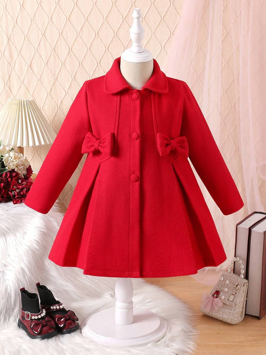 女童优雅复古翻领蝴蝶结大衣，舒适保暖的中长款外套，适合秋冬季穿着 - 紅色 - 查看 1