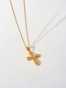 1pc Stainless Steel Catholic Cross & Angel Religious Faith Necklace, Suitable For Halloween, Christmas, Party, Gift For Mom, Friends