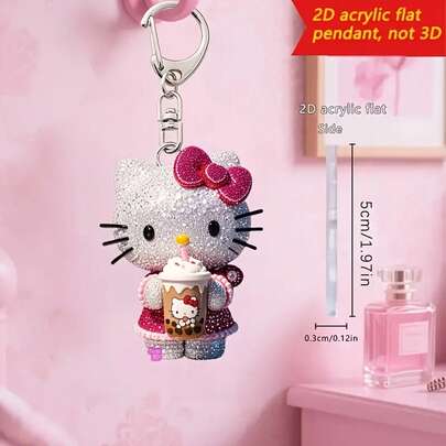 Sanrio 1 件 - 2D 平面 Hello Kitty 钥匙扣，带闪亮水钻，可爱的奶茶设计，可爱的包包和钥匙吊坠，节日礼物装饰，汽车钥匙链，背包配件，2D 平面