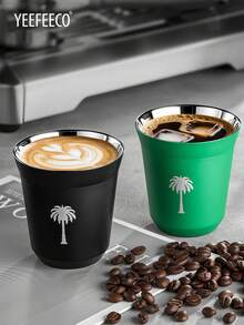 yeefeeco 1pc Stainless Steel Teacup, Coffee Cup With Green Palm Tree Pattern, Saudi National Day Gift, Iced Americano & Latte Cup, Outdoor Camping Water Cup, Mug, Green & Black Coffee Cup (80ml/160ml), Suitable For Saudi National Day Gifting, Receiving Guests And Afternoon Tea