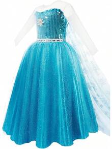 Light Up Princess Dress Girls Halloween Costume Costume Toddler Dressing Up Bithday Party, Purple - 藍色-帶斗篷 - 查看 11