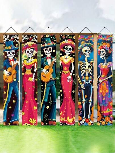 2 piezas Conjunto de díptico de esqueleto, decoración colgante para el pórtico, decoración para el hogar interior/exterior, hecho de poliéster, adecuado para Halloween, decoración de fiesta con tema del Día de los Muertos, festividad mexicana, Día de los Muertos, decoración de Halloween