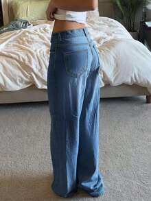 Nowe modne jeansy vintage z szerokimi nogawkami dla kobiet, luźne, proste, do połowy tali, uniwersalne na cały sezon - Ciemny jeans - Zobacz 6