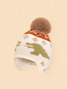 1 peça chapéu de bebê de malha com estampa de dinossauro e pompom, adorável e moderno, macio e confortável, quente para bebês de 1 a 2 anos no outono/inverno