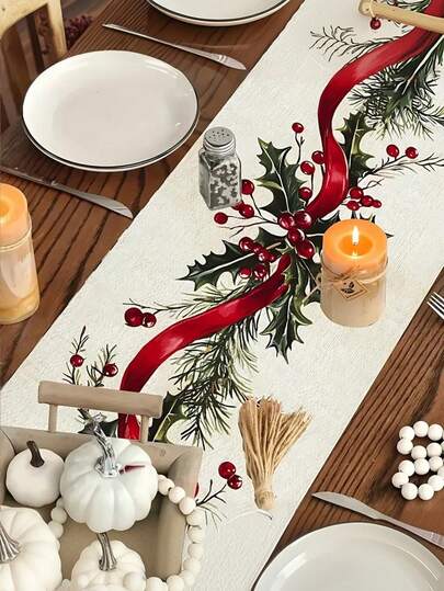 1pc Festive Christmas Holiday Table Runner - Elegant Red Ribbon & Holly Design, Polyester Rectangular Decor For Christmas, New Year, Valentine's Day Parties & Home Decor, Christmas Table Decorations,Holidaythemed Decor, Longlasting Material, Home Decorators, Christmas Decor