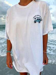 Women's Y2k Coconut Tree Graphic Oversized T Shirts Tops - Women's T-Shirts - Vacation Outfits Women - 2026 New Summer Tops - 藍白色 - 查看 2