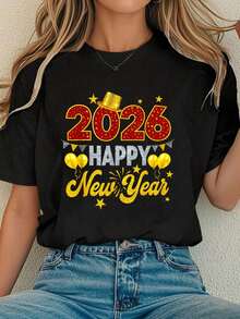Shirt For Women Happy New Year 2026 Fireworks Party T-Shirt Black Top