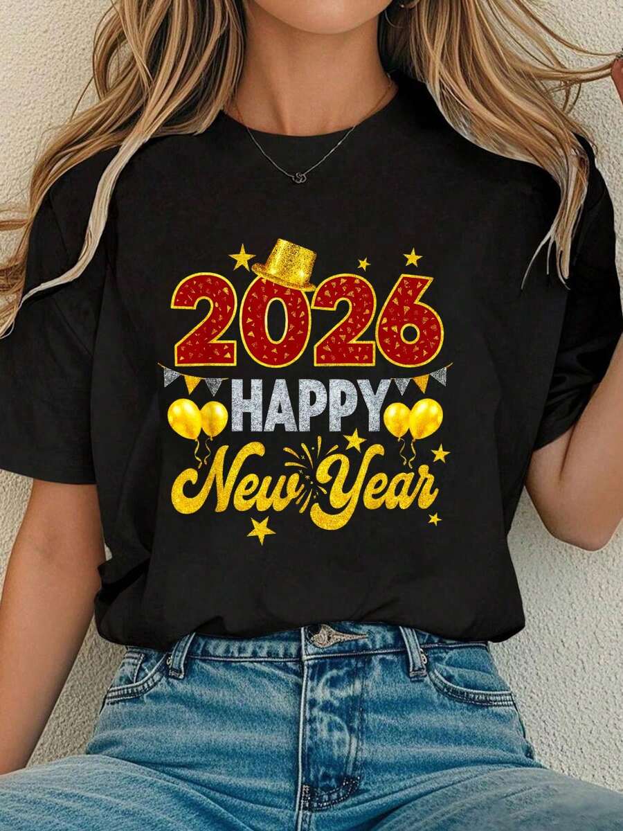 Shirt For Women Happy New Year 2026 Fireworks Party T-Shirt Black Top