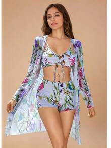 3-Pieces Geometric Print Bikini Sets, V Neck Boxer Short Bottom With Cover Shirt Long Sleeves Swimsuit, Women's Swimwear & Clothing Valentine's Day - 白色 - 查看 2