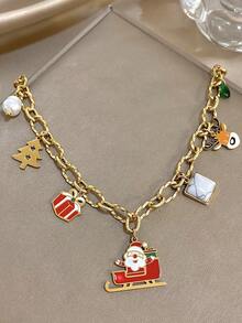 2 Stücke/1 Stück 18 Karat vergoldetes Edelstahl-Set mit Weihnachtsanhänger und Armband für Damen, süßer Weihnachtsmann-Rentierbaum, Weihnachtsgeschenk, Party-Geschenk, Muttergeschenk, Weihnachts- und Erntedankgeschenk, Schmuckgeschenk zum Jahrestag, Valentinstag, Boho-Schmuck, Alltagsparty