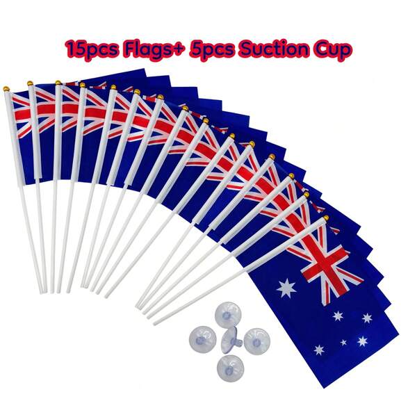 5/15pcs Australian Hand Wave Flags + 5pcs Cross-Hole Transparent PVC Plastic Suction Cup - Portable, Reusable, Easy To Install - Perfect For Office, Car Decor, Wall Decor, Home Decor, Sports Games & Outdoor Events - Vibrant Colors, Durable Material