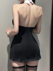 Valentine's Day Sexy Lingerie New Secretary Uniform Robe Set, Elegant OL Style With Dress + Stockings + Tie - 黑色 - 查看 2