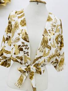 KISTYLE Crepe Blouse With Batwing Sleeves And Tie - Gold - View 2