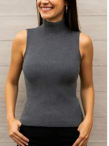 Women's Ribbed Tank Top, Garrafinha Knit, High Neck, Sleeveless Blouse, Lightweight, Faby Tricot - 深灰色 - 查看 2