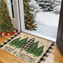 1/2pcs Christmas Floor Mat, Luxurious Green, Black And White Checked Christmas Tree Pattern Kitchen Floor Mat, Perfect For Indoor/Outdoor Use, Family Gatherings, Kitchen, Dining Room, Christmas Atmosphere Decoration, Home Decoration