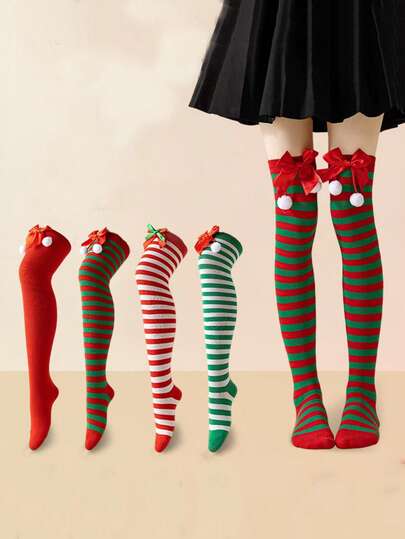 1 par de calcetines altos hasta la rodilla de Navidad para mujer - Medias largas a rayas con lazo y pompones, calcetines de fiesta de disfraz navideño
