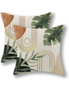 2pcs Bohemian Style Leaf Pattern Pillow Covers, Medieval Farmhouse Decor, Modern Tropical Summer Outdoor Decoration, Linen Sofa Covers, Single-Sided Design, Pillow Insert Not Included - Green - View 9