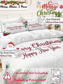 Set de pilotă cu 3 bucăți de Crăciun, desenate manual, cu crengi, frunze, fulgi de zăpadă, imprimat digital (1 husă de pilotă, 2 fețe de pernă fără miez), fibră de poliester, moale, prietenos cu pielea, potrivit pentru diferite dimensiuni de pat, ideal pentru cadouri