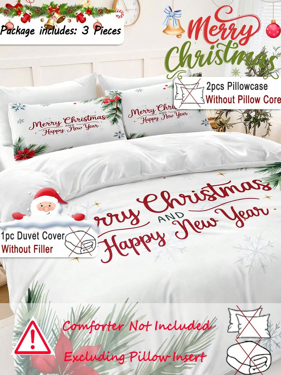 Set de pilotă cu 3 bucăți de Crăciun, desenate manual, cu crengi, frunze, fulgi de zăpadă, imprimat digital (1 husă de pilotă, 2 fețe de pernă fără miez), fibră de poliester, moale, prietenos cu pielea, potrivit pentru diferite dimensiuni de pat, ideal pentru cadouri