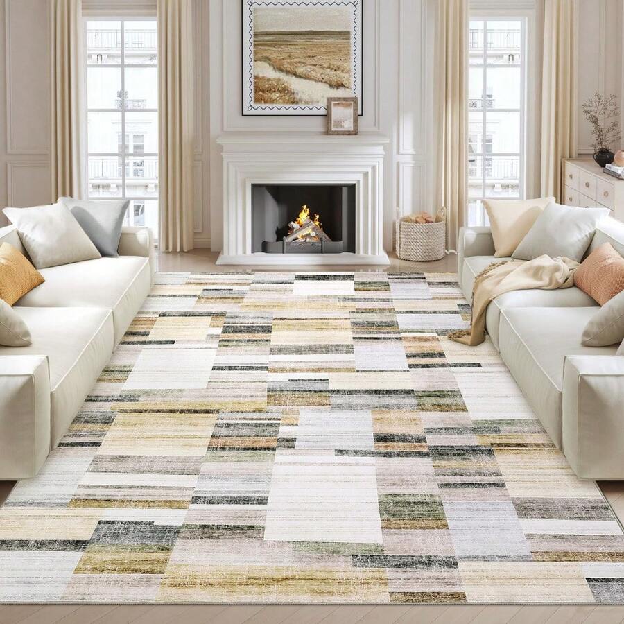 Modern Home Decor Patchwork Living Room Area Rug Stain Resistant Non Slip Hallway Runner Rug Printed Thin Low Pile Mat Throw Rug Washable Bordered Carpet Easy To Clean Soft Non Shedding Floorcover For Dinning Room Kitchen Laundry Bathroom Bedroom - 灰色 - 查看 1