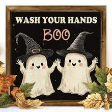 Charming "Wash Your Hands" Theme Halloween Wooden Sign | Rustic Style 20.32x20.32 Cm Framed Decor, Featuring Cartoon Ghosts And Pumpkins | Durable, Fade-Resistant, Suitable For Home, Bathroom, Living Room | Ideal Autumn Gift And Halloween Decoration - Multicolor - View 11