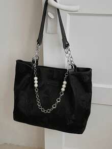 女士花卉布艺托特包，大容量通勤包，时尚百搭必备 - 黑色 - 查看 4