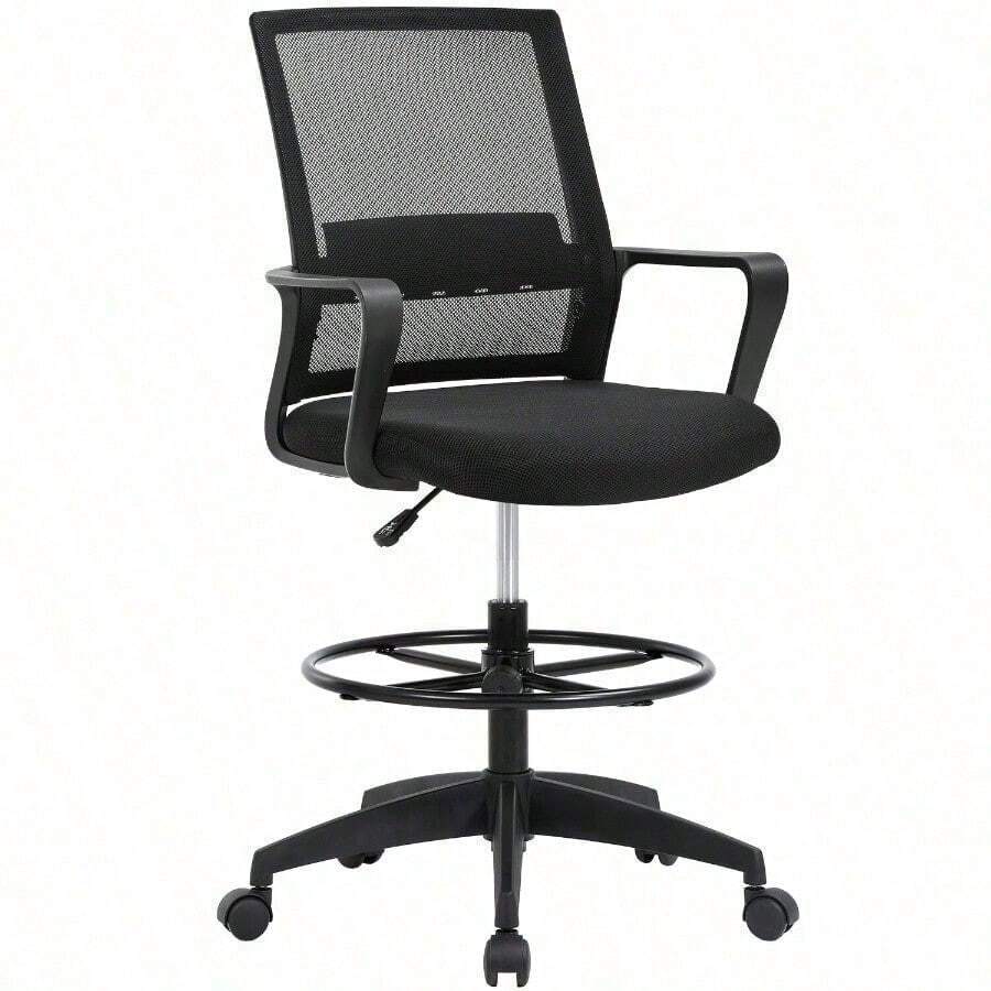 Drafting Chair Tall Office Chair Adjustable Height With Lumbar Support Arms Foot - Black - View 1