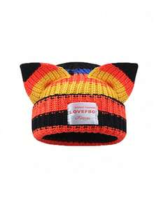 1pc Women's Knitted Hat, Cute Cat/Rabbit Ear Design, Warm Beanie Cap, Suitable For Autumn/Winter Everyday & Outdoor Use (Slight Variation In Stripe Placement) - Multicolor - View 7