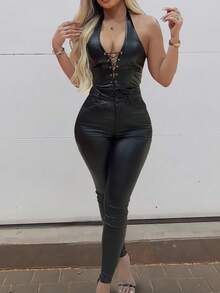 High Waist Button Slant Pocket PU Leather Elastic Skinny Pants, Casual Pants For Music Festival & Party - Black - View 4