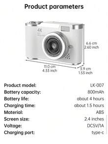 1 Pc 4K High Definition Digital Camera, Retro Micro Single Lens Digital Camcorder, 3 Inch Flip Screen With Flash, 16X Zoom, Comes With 32G Storage Card, Suitable Christmas/Birthday Gift For Boys & Girls Aged 3-18 - LK-007 White - View 12