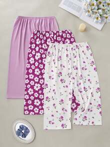3 件套女士休闲 7/8 裤和短裤，雏菊花，玫瑰，纯色松紧腰宽松睡裤 - 紫色 - 查看 1