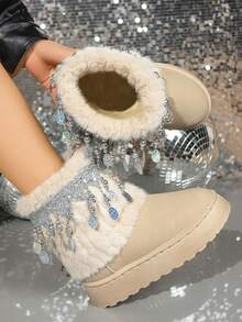 2025 Autumn/Winter New Women Snow Boots, Faux Fur Tassels Thermal Lined Furry Shoes, Grey/Black Thick Sole Short Boots, Soft Plush Rhinestone Home Slippers