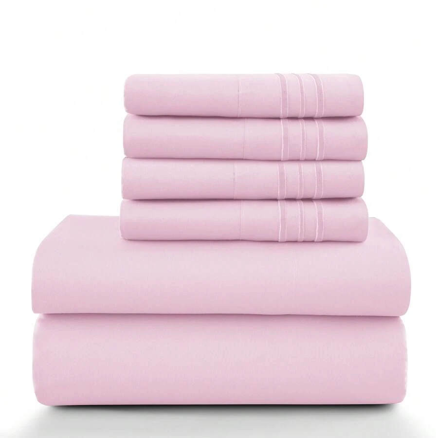 LUX DECOR 6-Piece Embroidered Bed Sheet Set – Brushed Microfiber, Deep Pocket, Lightweight & Breathable – Graduation Gifts, Home Decor, Sleep Protection For Dorms, Student Beds, Back‑To‑School Gift, Soft Bed Linens, Comfortable Sleep, Luxury Bed Set, Valentine's Day Bedroom, Spring Bedding Refresh, Guest Room Essentials, Dorm Room Bedding, Premium Bed Linens, Easy Care Sheets, Hypoallergenic Fabric, Year-Round Comfort, Master Bedroom Update, Matching Bedding Set, Hotel Quality Linens - 粉色 - 查看 1