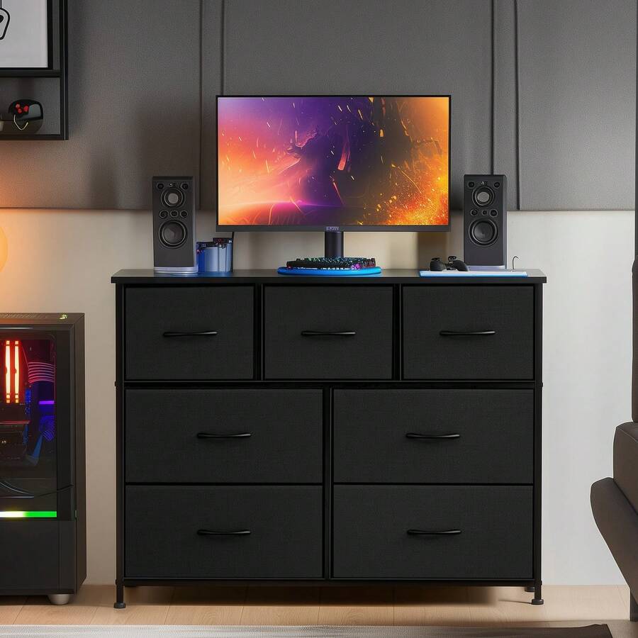 OLIXIS Dresser For Bedroom, 7 Storage Drawers, Wide Fabric Closet Chests Organizer Tower Furniture, TV Stand With Wooden Top Metal Frame For Clothes, Living Room, Hallway, Entryway, White - 黑色 - 查看 1