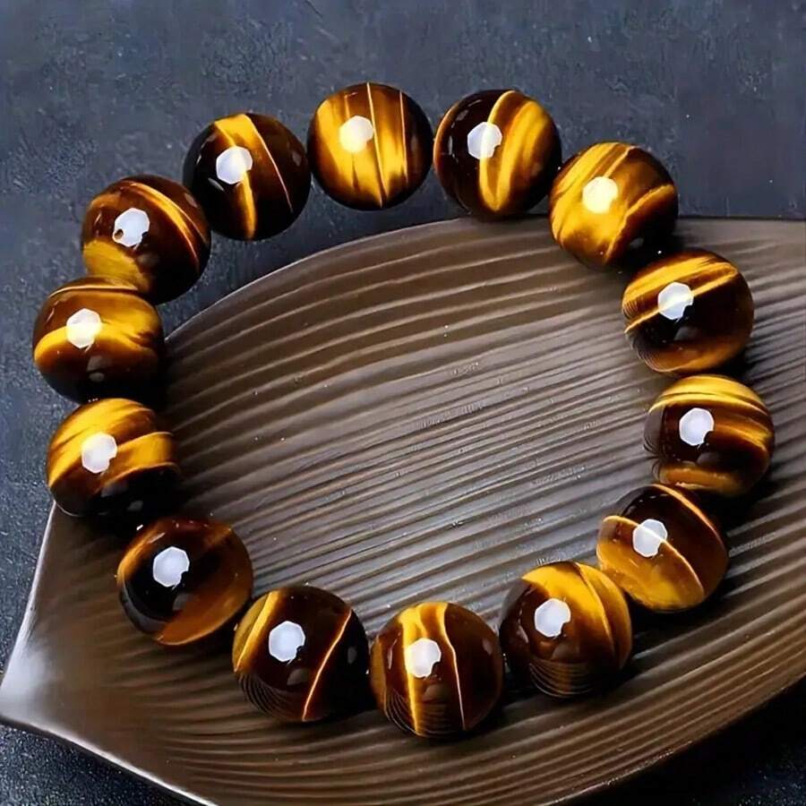 1pc 12mm Natural Stone Beads Bracelets Large Tiger Eye Bangle Bracelet For Men And Women Lucky Jewelry Ideal Gift - Màu vàng - Xem 1