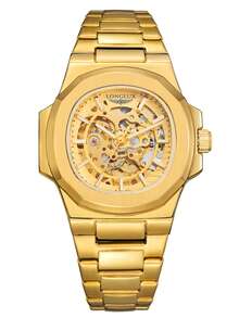 LONGLUX 1pc Men's Hollow-Out Automatic Mechanical Watch, Steel Band Business Watch With Butterfly Buckle - Gold - View 7