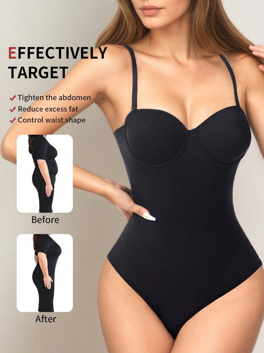 Women's Seamless Shapewear Bodysuit, Tummy Control, Waist Shaping, Hip Lifting, Comfortable And Breathable, Elastic And Slimming Shapewear With Cups For Support And Lift. Women's Bra With Detachable Shoulder Straps - 黑色 - 查看 1