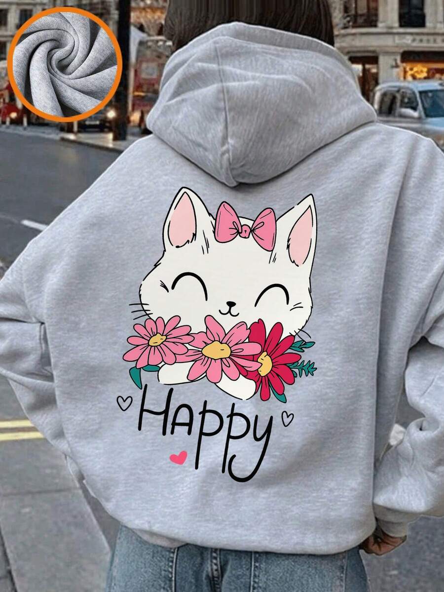1pc Tween Girl Casual Printed Pullover Sweatshirt, Thermal Lined, Long Sleeve, Autumn/Winter Student Clothing - Light Grey - View 1