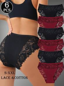 6pcs Elegant Solid Color Cotton Panty Comfy Style Lace Trim Briefs For Women